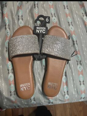 Madden NYC Sparkle Slide Sandals - Silver Brown